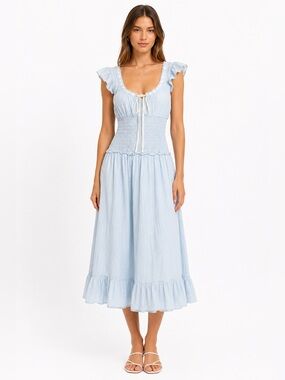 Kimchi Blue Light Blue Cotton Smocked Midi Dress Ruffle Hem Cottagecore